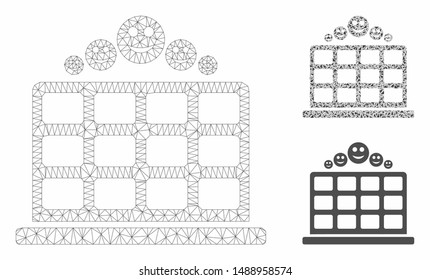 Mesh smile hotel rating model with triangle mosaic icon. Wire carcass triangular mesh of smile hotel rating. Vector mosaic of triangles in different sizes, and color hues.