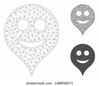 Mesh smile map marker model with triangle mosaic icon. Wire carcass triangular mesh of smile map marker. Vector mosaic of triangle parts in various sizes, and color shades.