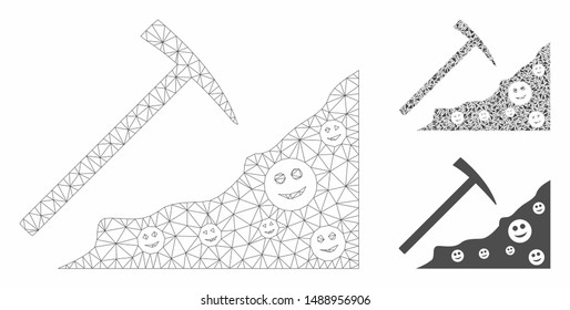 Mesh smile mining model with triangle mosaic icon. Wire carcass polygonal mesh of smile mining. Vector composition of triangle parts in different sizes, and color shades.