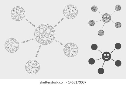 Mesh smile network model with triangle mosaic icon. Wire carcass triangular mesh of smile network. Vector mosaic of triangle parts in different sizes, and color hues. Abstract 2d mesh smile network,