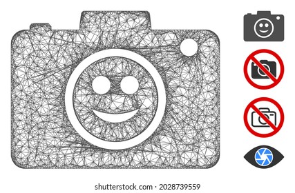 Mesh smile photo camera web icon vector illustration. Model is created from smile photo camera flat icon. Network forms abstract smile photo camera flat model.