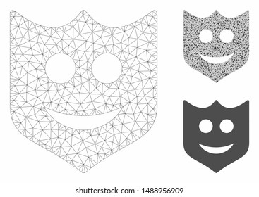 Mesh smile shield model with triangle mosaic icon. Wire frame triangular mesh of smile shield. Vector composition of triangle parts in variable sizes, and color shades. Abstract 2d mesh smile shield,