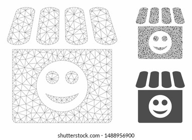 Mesh smile shop model with triangle mosaic icon. Wire carcass triangular mesh of smile shop. Vector mosaic of triangle parts in variable sizes, and color hues. Abstract 2d mesh smile shop,