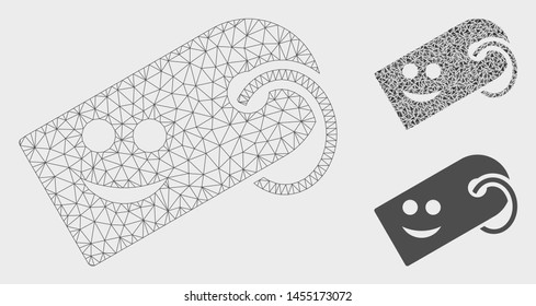 Mesh smile tag model with triangle mosaic icon. Wire carcass polygonal network of smile tag. Vector mosaic of triangle parts in different sizes, and color tints. Abstract flat mesh smile tag,