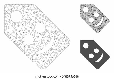 Mesh smile tag model with triangle mosaic icon. Wire frame polygonal mesh of smile tag. Vector mosaic of triangle elements in various sizes, and color shades. Abstract flat mesh smile tag,