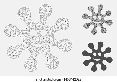 Mesh smile virus model with triangle mosaic icon. Wire carcass triangular mesh of smile virus. Vector composition of triangle parts in various sizes, and color tones. Abstract 2d mesh smile virus,