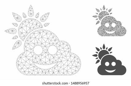 Mesh smile weather model with triangle mosaic icon. Wire carcass triangular mesh of smile weather. Vector mosaic of triangle parts in variable sizes, and color shades.