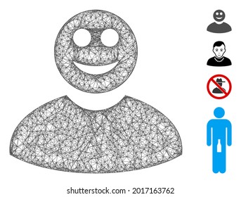 Mesh smiled man web icon vector illustration. Carcass model is based on smiled man flat icon. Network forms abstract smiled man flat carcass. wireframe 2D web network isolated on a white background.