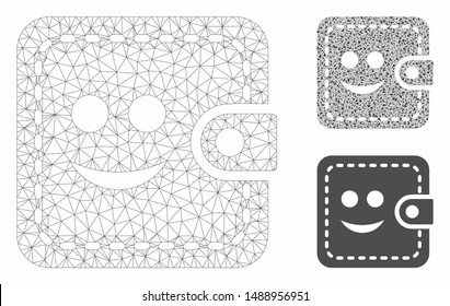 Mesh smiled wallet model with triangle mosaic icon. Wire frame polygonal mesh of smiled wallet. Vector mosaic of triangle parts in various sizes, and color tints. Abstract 2d mesh smiled wallet,