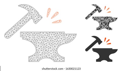Mesh smithy model with triangle mosaic icon. Wire frame polygonal network of smithy. Vector mosaic of triangles in different sizes, and color tints. Abstract 2d mesh smithy, designed with triangles.