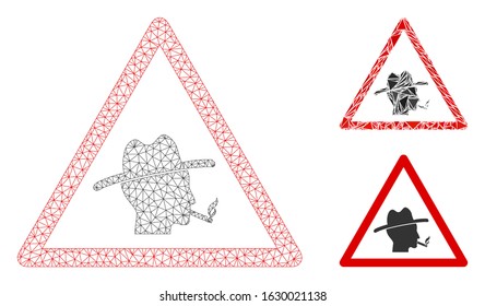 Mesh smoker warning model with triangle mosaic icon. Wire frame polygonal network of smoker warning. Vector mosaic of triangle parts in various sizes, and color hues.