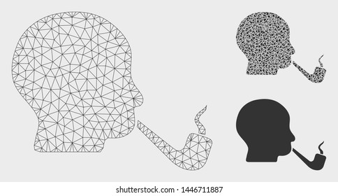 Mesh smoking detective model with triangle mosaic icon. Wire frame polygonal network of smoking detective. Vector composition of triangle parts in various sizes, and color tones.
