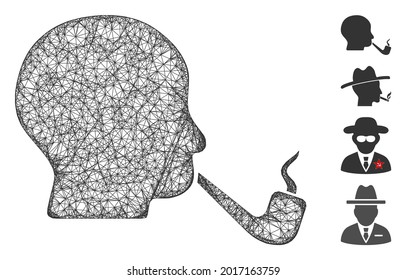 Mesh smoking detective web symbol vector illustration. Carcass model is based on smoking detective flat icon. Network forms abstract smoking detective flat model.