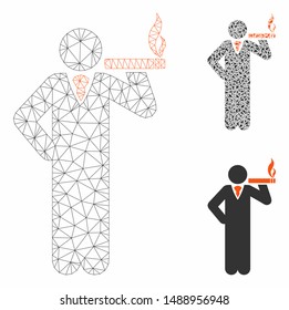 Mesh smoking model with triangle mosaic icon. Wire frame triangular mesh of smoking. Vector mosaic of triangle elements in variable sizes, and color shades. Abstract 2d mesh smoking,