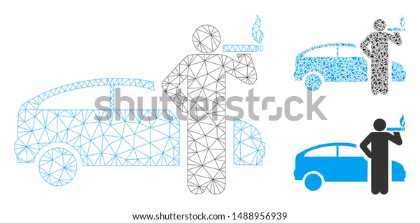 Mesh smoking taxi\
driver model with triangle mosaic icon. Wire carcass triangular\
mesh of smoking taxi driver. Vector mosaic of triangles in various\
sizes, and color hues.