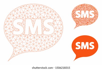 Mesh SMS model with triangle mosaic icon. Wire carcass triangular mesh of SMS. Vector mosaic of triangle elements in variable sizes, and color hues. Abstract 2d mesh SMS, designed with polygonal grid.