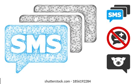 Mesh SMS queue polygonal web icon vector illustration. Carcass model is based on SMS queue flat icon. Triangular network forms abstract SMS queue flat carcass.