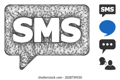 Mesh SMS web symbol vector illustration. Carcass model is based on SMS flat icon. Network forms abstract SMS flat carcass. Wire frame flat web network isolated on a white background.