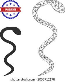 Mesh snake carcass icon, and bicolor scratched Poison seal. Mesh carcass symbol is designed with snake icon. Vector watermark with Poison text inside red ribbon and blue rosette,