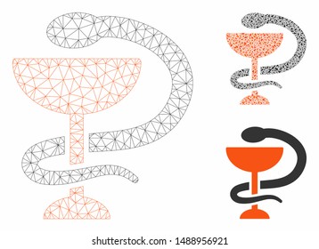 Mesh snake cup model with triangle mosaic icon. Wire frame triangular mesh of snake cup. Vector collage of triangle parts in different sizes, and color hues. Abstract 2d mesh snake cup,