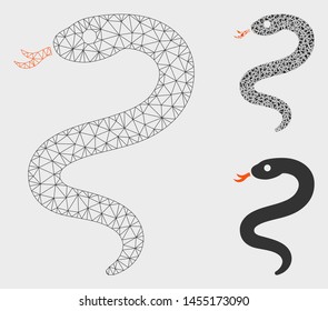 Mesh snake model with triangle mosaic icon. Wire carcass polygonal mesh of snake. Vector composition of triangle parts in variable sizes, and color tints. Abstract 2d mesh snake,