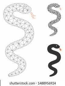 Mesh snake model with triangle mosaic icon. Wire carcass triangular mesh of snake. Vector mosaic of triangle parts in various sizes, and color hues. Abstract 2d mesh snake,