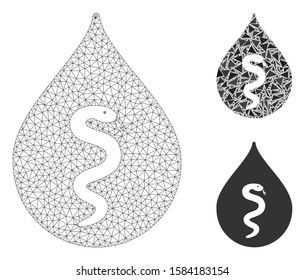 Mesh snake oil model with triangle mosaic icon. Wire frame triangular mesh of snake oil. Vector mosaic of triangle parts in variable sizes, and color hues. Abstract 2d mesh snake oil,