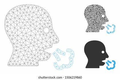 Mesh sneeze model with triangle mosaic icon. Wire carcass polygonal mesh of sneeze. Vector mosaic of triangle elements in different sizes, and color tinges. Abstract 2d mesh sneeze,