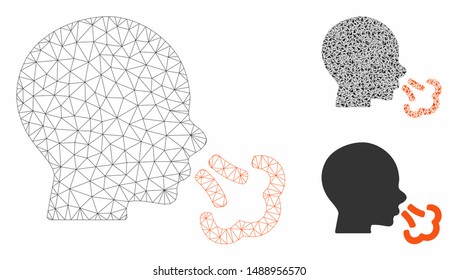 Mesh sneezing model with triangle mosaic icon. Wire frame polygonal network of sneezing. Vector mosaic of triangle parts in various sizes, and color shades. Abstract 2d mesh sneezing,