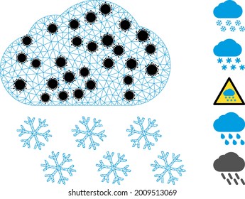 Mesh snow cloud polygonal symbol vector illustration, with black infection nodes. Model is created from snow cloud flat icon, with infection nodes and triangle mesh.