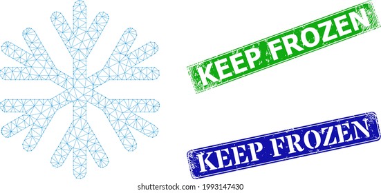 Mesh Schneeflocken Bild, und halten Frozen blauen und grünen rechteckigen schmutzigen Siegel. Mesh-Schlachtkörperbild entsteht aus dem Piktogramm mit Schneeflocken. Briefmarken haben "Keep Frozen"-Tag in rechteckiger Form.