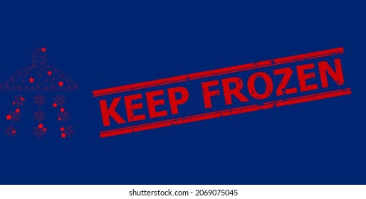 Mesh snow shower polygonal icon vector illustration, and red KEEP FROZEN dirty watermark. Model is based on snow shower flat icon, with stars and triangular mesh.