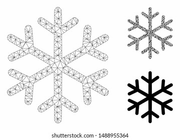 Mesh snowflake model with triangle mosaic icon. Wire frame polygonal mesh of snowflake. Vector mosaic of triangles in variable sizes, and color tints. Abstract 2d mesh snowflake,
