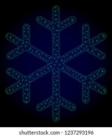 Mesh snowflake polygonal illustration. Abstract mesh lines, triangles and points on dark background with snowflake. Wire frame 2D polygonal line network in vector format on a dark blue background.