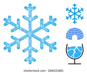 Mesh Schneeflocken polygonal Web-Symbol Vektorgrafik. Carcass-Modell basiert auf einer flachen Ikone mit Schneeflocken. Dreieckige Maschen bilden abstrakten Schneeflocken flachen Schlachtkörper.