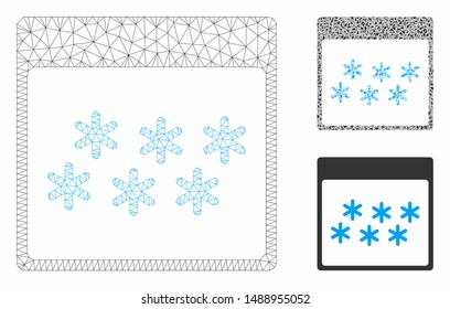 Mesh snowflakes calendar page model with triangle mosaic icon. Wire carcass triangular mesh of snowflakes calendar page. Vector mosaic of triangle elements in various sizes, and color hues.