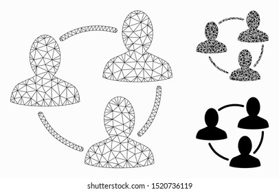 Mesh social area model with triangle mosaic icon. Wire frame triangular mesh of social area. Vector mosaic of triangles in variable sizes, and color shades. Abstract 2d mesh social area,