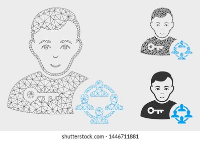 Mesh social engineer model with triangle mosaic icon. Wire carcass polygonal network of social engineer. Vector mosaic of triangle parts in various sizes, and color tones.