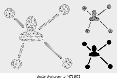 Mesh social graph model with triangle mosaic icon. Wire carcass triangular mesh of social graph. Vector composition of triangle elements in variable sizes, and color tints.