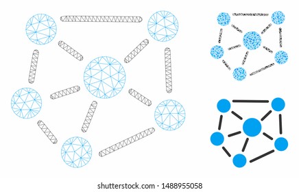 Mesh social graph model with triangle mosaic icon. Wire frame polygonal mesh of social graph. Vector mosaic of triangle parts in different sizes, and color hues. Abstract flat mesh social graph,