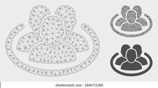 Mesh social network model with triangle mosaic icon. Wire frame polygonal mesh of social network. Vector mosaic of triangle parts in various sizes, and color tinges. Abstract flat mesh social network,