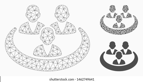 Mesh social network model with triangle mosaic icon. Wire frame triangular mesh of social network. Vector mosaic of triangle elements in different sizes, and color hues.