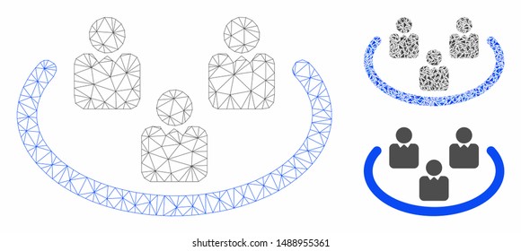Mesh social networks model with triangle mosaic icon. Wire carcass polygonal mesh of social networks. Vector composition of triangle elements in various sizes, and color tinges.