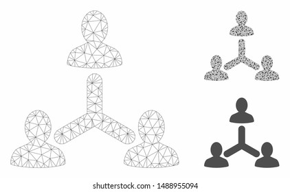 Mesh social relations model with triangle mosaic icon. Wire frame triangular mesh of social relations. Vector composition of triangle elements in different sizes, and color tones.