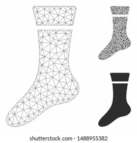 Mesh sock model with triangle mosaic icon. Wire carcass triangular mesh of sock. Vector mosaic of triangle parts in various sizes, and color tints. Abstract 2d mesh sock, designed with triangles.