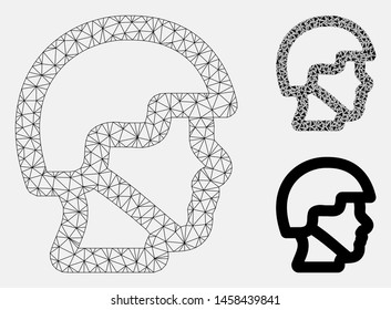 Mesh soldier head model with triangle mosaic icon. Wire carcass triangular mesh of soldier head. Vector mosaic of triangle elements in various sizes, and color hues. Abstract flat mesh soldier head,