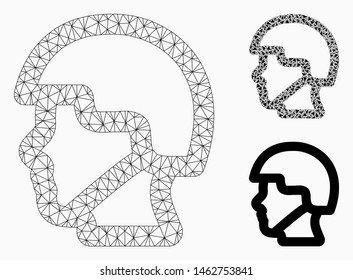 Mesh soldier head model with triangle mosaic icon. Wire frame triangular mesh of soldier head. Vector mosaic of triangle parts in various sizes, and color hues. Abstract 2d mesh soldier head,