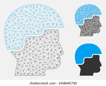 Mesh soldier helmet model with triangle mosaic icon. Wire carcass polygonal mesh of soldier helmet. Vector collage of triangle parts in various sizes, and color tones.