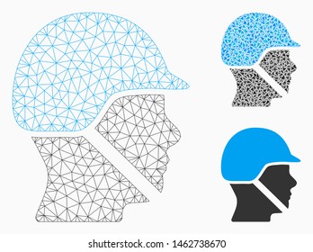 Mesh soldier helmet model with triangle mosaic icon. Wire carcass triangular mesh of soldier helmet. Vector composition of triangles in various sizes, and color tones. Abstract 2d mesh soldier helmet,
