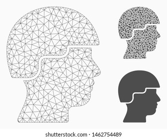 Mesh soldier model with triangle mosaic icon. Wire frame polygonal mesh of soldier. Vector composition of triangle elements in variable sizes, and color shades. Abstract 2d mesh soldier,